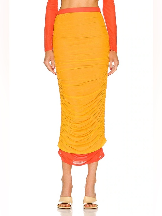 Simon Miller Dresses & Skirts - Simon Miller MESH Stretch Midi Pluto Ruched Skirt Sunset Orange Small Luxury